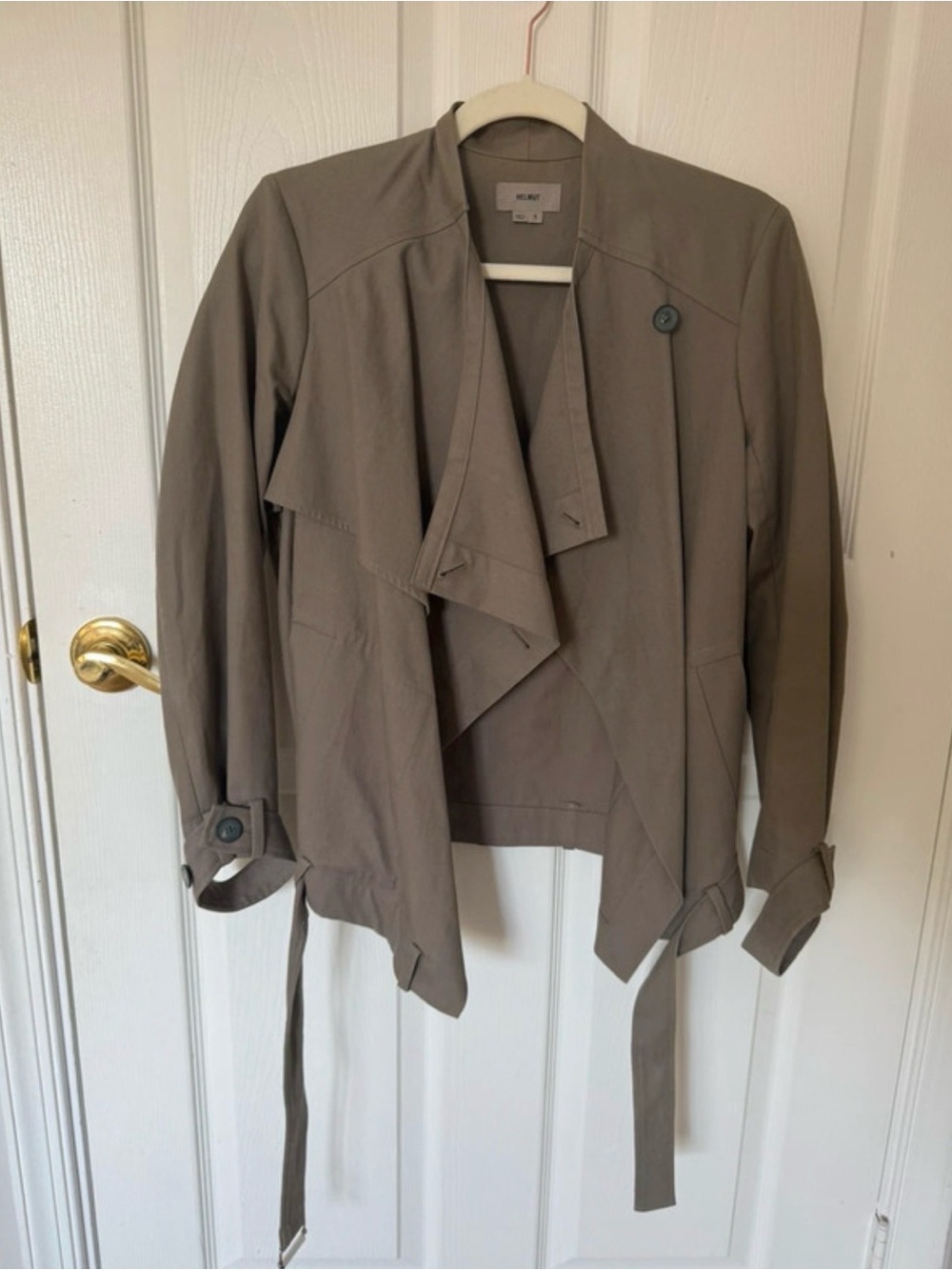 Helmut Lang Taupe Drape Front Lightweight Trench Jacket